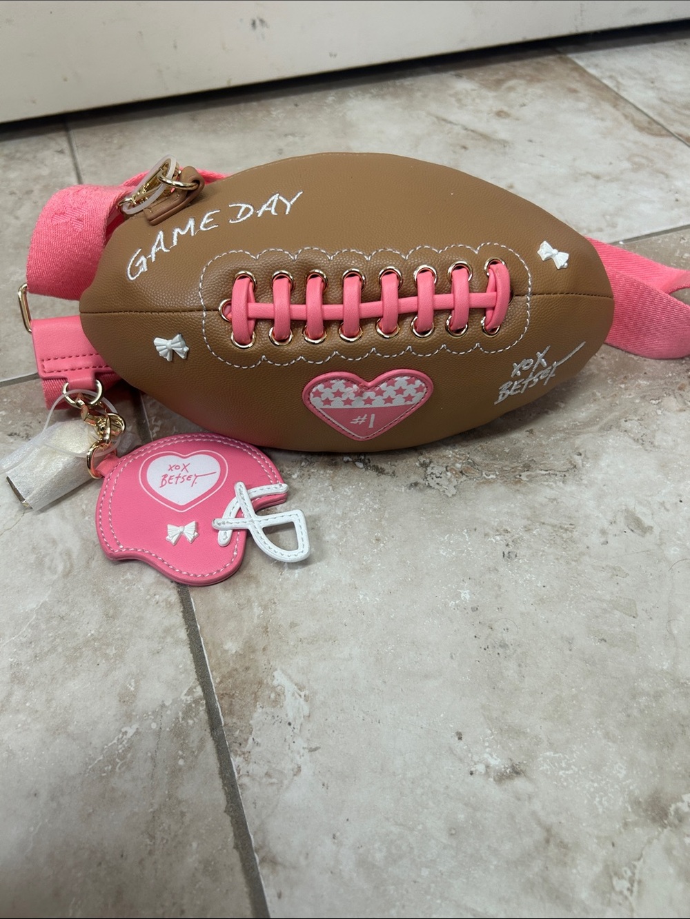 BETSY JOHNSON Brown and Pink Football-Shaped Crossbody Bag with gold whistle !